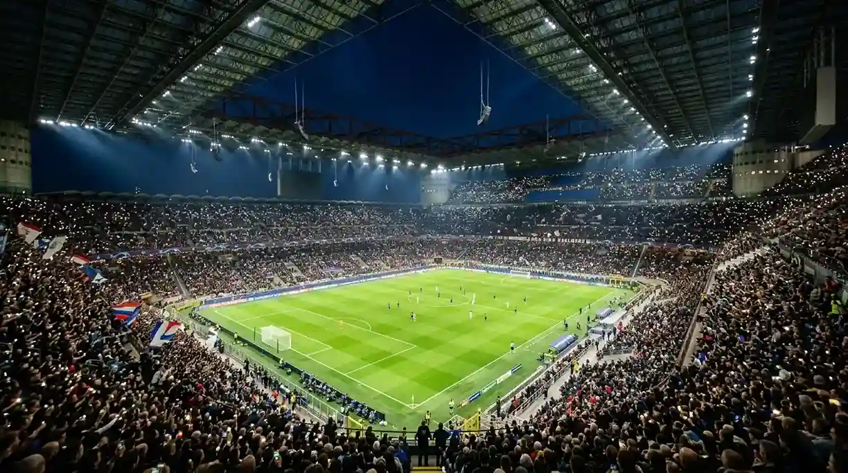 Estadio de fútbol europeo iluminado durante una noche de Champions League con las gradas llenas de aficionados